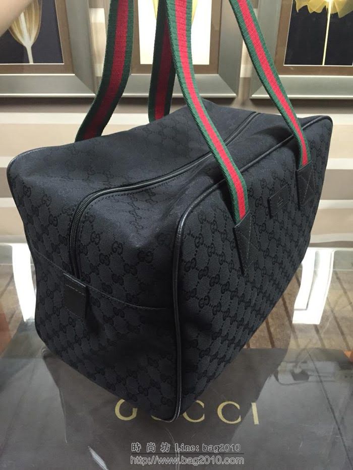 GUCCI 古馳男包 新款 153240 黑色 高級人造帆布 黑色紅色織帶手提 方形包